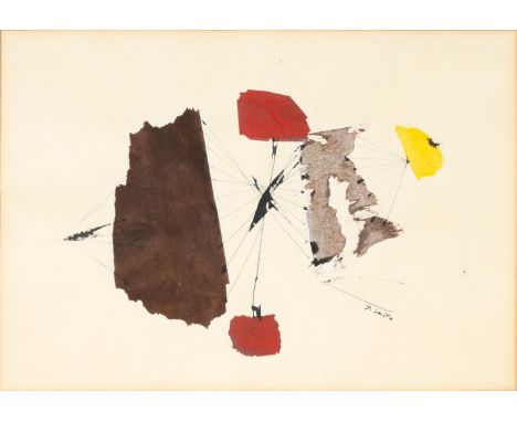 Yoshishige Saito (Tokio 1904 - 2001). Collage in Braun, Rot und Gelb. Collage und Federzeichnung. 25,5 x 36 cm. R. u. sign. Y