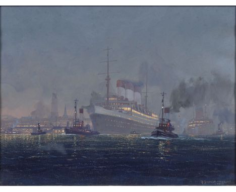 Robert Schmidt-Hamburg (Berlin 1885 - Laboe 1963). Die Cap Arcona läuft aus Hamburg aus. Gouache. 37,5 x 48 cm. R. u. sign. u