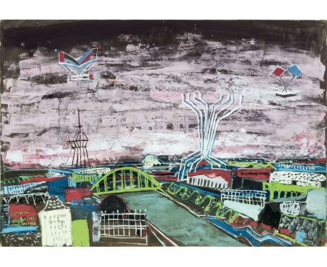 Arnold Fiedler (Hamburg 1900 - Hamburg 1985). Zukunftsstadt. 1947. Tempera. 52,5 x 75 cm. Ungerahmt. R. u. sign. und dat. Arn