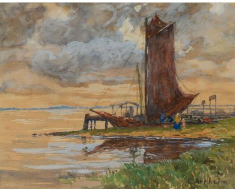 Clara Arnheim (Berlin 1865 - Theresienstadt 1942). Bootsanleger am Bodden. Aquarell. 19,5 x 24,5 cm. R. u. sign. C. Arnheim, 