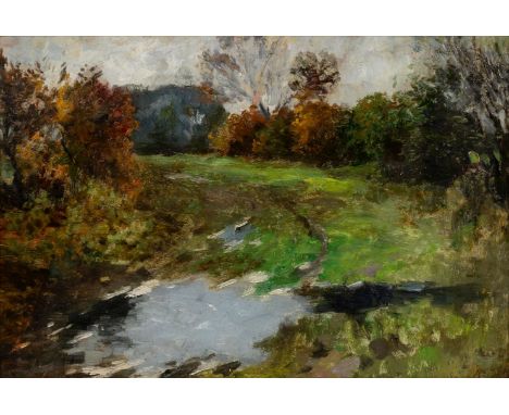 Thomas Herbst (Hamburg 1848 - Hamburg 1915). Feldweg mit Pfützen. Öl/Papier/Karton. 33,5 x 50,5 cm. R. u. stempelsign. Herbst