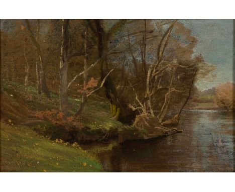 Valentin Ruths (Hamburg 1825 - Hamburg 1905). Bei der Aumühle. Öl/Karton/Holz. 21 x 31,5 cm. R. u. monogr. VR, verso auf Etik