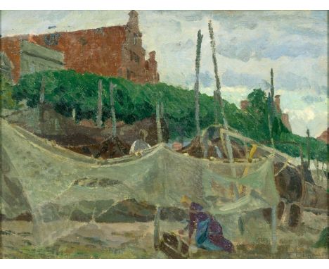 Ernst Eitner (Hamburg 1867 - Hamburg 1955). Fischer in Lübeck-Gothmund. Um 1900. Öl/Lw./Holz. 34 x 45,5 cm. R. u. sign. E. Ei