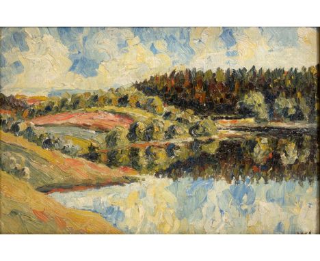 Walter Leistikow (Bromberg 1865 - Schlachtensee 1908). Märkischer Waldsee. Öl/Malkarton. 25,5 x 37 cm. R. u. monogr. W.L., au