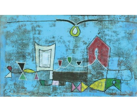 Arnold Fiedler (Hamburg 1900 - Hamburg 1985). Blaues Zimmer. Öl und Mischtechnik/Karton. 44 x 73 cm. L. u. sign. und dat. Arn