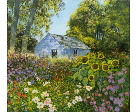 Uwe Herbst (Köln 1952). Blaues Gartenhaus. Acryl/Lw. 110 x 120,5 cm. Ungerahmt. R. u. monogr. UH, verso betitelt.   - Proveni