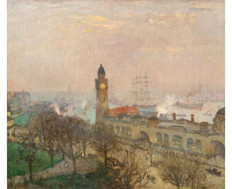 Ulrich Hübner (Berlin 1872 - Neubabelsberg 1932). St. Pauli-Landungsbrücken. 1911. Öl/Lw. 123,5 x 144 cm. L. u. sign. und dat