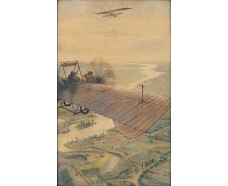 Michael Zeno Diemer (München 1867 - Oberammergau 1939). Verfolgung in der Luft. 1916. Aquarell und Bleistift. 39 x 24 cm. R. 