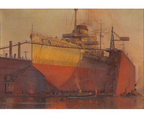 Robert Schmidt-Hamburg (Berlin 1885 - Laboe 1963). Ein Kriegsschiff im Trockendock. Öl/Lw. 35 x 51,5 cm. L. u. sign. R. Schmi