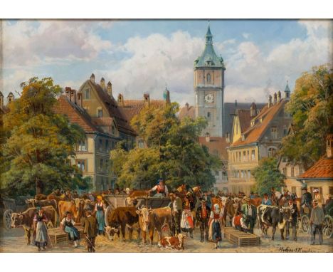 Hubert Kaplan (München 1940). Viehmarkt im Sommer. Öl/Lw./Holz. 13 x 18 cm. R. u. sign. Hubert Kaplan und verso auf Fragment 