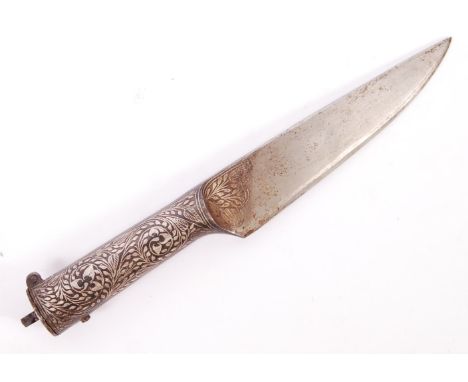 An unusual 19th century Indo Persian Kard all steel nesting knife of usual form having a single edged blade with floral desig