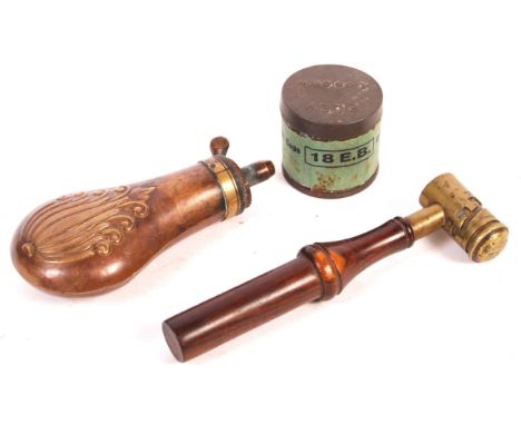 An antique 19th century copper and brass embossed powder flask (11cm), along with an antique Hawksley marked shot measure ' D