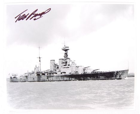 A rare HMS Hood 8x10" black and white photo signed by survivor Ted Briggs. Briggs was one of only three men out of 1,400 who 
