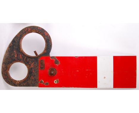 A rare local interest enamel and cast iron railway signal arm. Large heavy cast iron bracket (missing glass), holding a red a