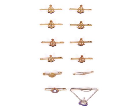 A collection of 12x WWII Second World War sweetheart brooch badges to include; 9x brass RMS Royal Medical Corps, Royal Engine