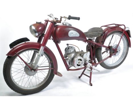 A vintage 1950's Hirondelle ' Type D ' 125cc motorcycle. Fitted with a (presumed) 125cc ' Ydral ' S Series engine. Red painte