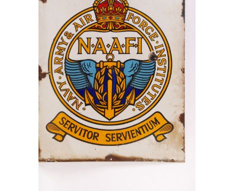 A rare vintage NAAFI ' Navy, Army &amp; Air Force Institutes ' advertising pictorial enamel sign. Central motif with NAAFI no