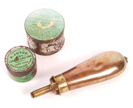 An antique 19th century brass and copper powder flask by James Dixon &amp; Sons, along with an antique percussion cap tin and