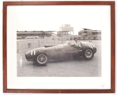 A rare vintage 1956 Monaco Grand Prix large format black and white photograph, depicting a Ferrari Thin Wall Special racing c