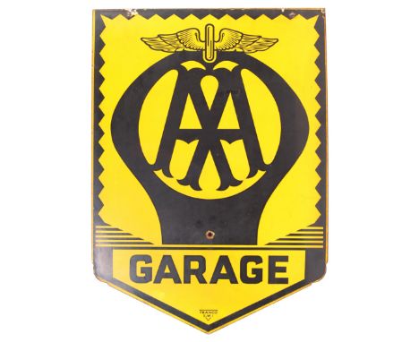 A rare original vintage AA Automobile Association ' Garage ' enamel advertising / notice sign. Yellow and black, with large c