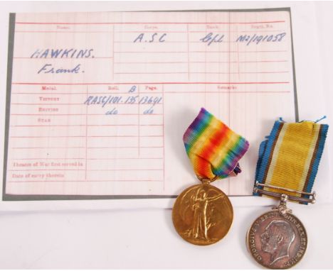 A WWI First World War medal pair awarded to a M2-191058 Corporal F. Hawkins of the Army Service Corps (ASC). Comprising: War 