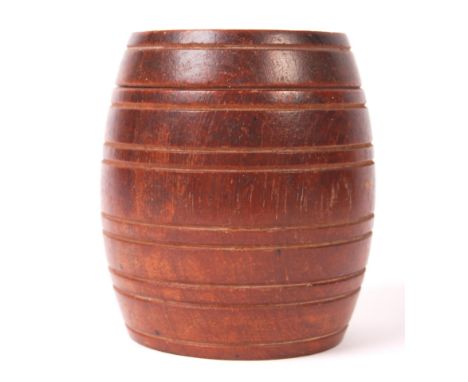 A rare WWI First World War teak made barrel tobacco jar. Small plaque to the underside of the lid reads ' From The Teak Of HM