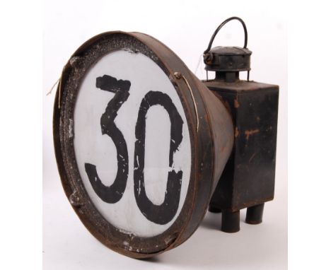 A rare vintage British Rail / Railways station / trackside speed sign ' 30 ' oil lamp light. Metal construction, with painted