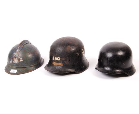 A collection of 3x WWI &amp; WWII military uniform helmets. All AF to some degree (repainted, missing liners / parts etc). Co