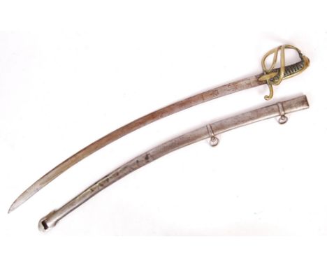 An antique 19th century French Light Cavalry sword / sabre with curved blade double-edged towards the tip, formed with a long