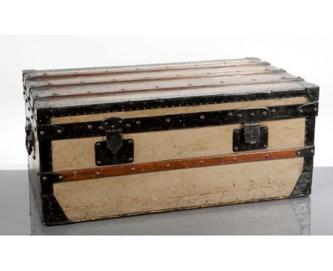 LATE 19TH CENTURY LOUIS VUITTON GREY TRIANON CANVAS FLAT TRUNK circa 1890, black metal bound, in painted grey canvas, with tw