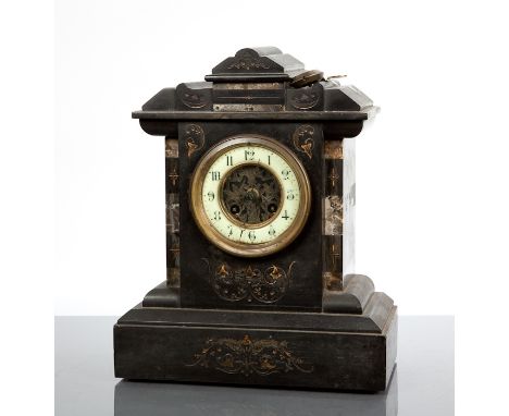 19TH CENTURY FRENCH SLATE MANTEL CLOCK with enamel Arabic dial, the cylinder movement striking on a gong, 33cm high 