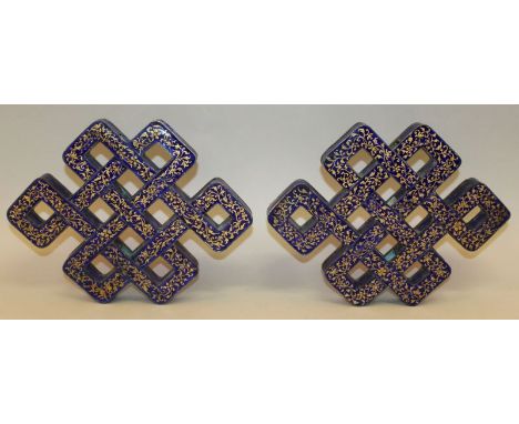 A RARE PAIR OF 18TH/19TH CENTURY CHINESE CANTON ENAMEL ENDLESS KNOTS, the top surface of each Buddhistic symbol decorated in 