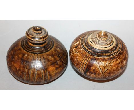 TWO SAWANKHALOK BROWN GLAZED CERAMIC JARS & NON-MATCHING COVERS, 14th/16th Century, the sides with simple stippled decoration
