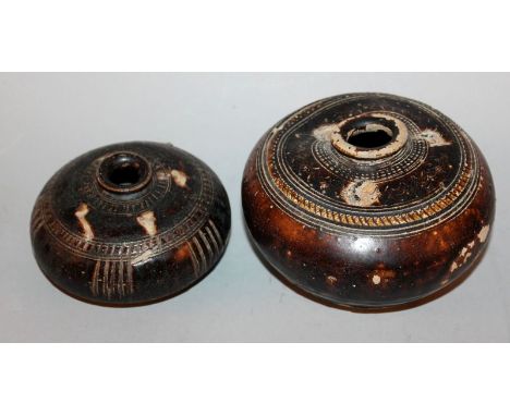 A SAWANKHALOK BROWN GLAZED CERAMIC JAR, 14th/16th Century, the shoulders with multiple incised formal borders, 5.75in wide at