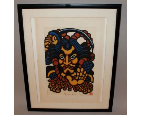 AN ORIGINAL FRAMED STENCIL PRINT BY YOSHITOSHI MORI, depicting a Kabuki actor, signed in pencil, the frame 23.5in x 19in; tog
