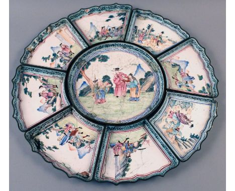 AN 18TH CENTURY CHINESE QIANLONG PERIOD EUROPEAN SUBJECT CANTON ENAMEL SUPPER SET, comprising a central circular dish and eig
