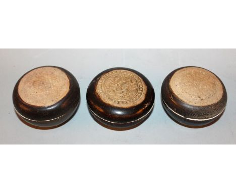 THREE SIMILAR SONG DYNASTY BROWN GLAZED CERAMIC BOXES & COVERS, each cover with a moulded design, one of a dragon, another of