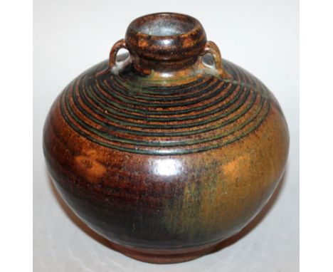 A GOOD SAWANKHALOK BROWN GLAZED CERAMIC JAR, 14th/16th Century, the glaze with blue and ochre streaking to one side, the shou