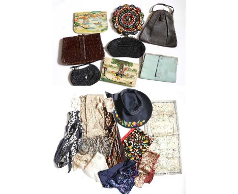 Circa 1930s and Later Costume Accessories, comprising a Finnigans Manchester brown crocodile clutch bag with kid leather line