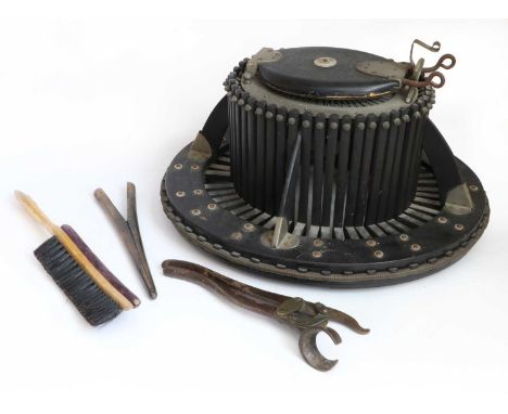 Early 20th Allie Maillard Hat Conformateur, Paris, tools including pair of glove stretchers, hat brush and hinged tool by E D