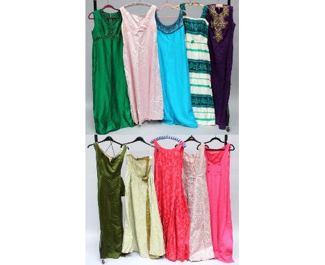 Assorted Circa 1960s Ladies Full Length Evening Dresses, comprising Carnegie of London blue, green and cream silk type stripe