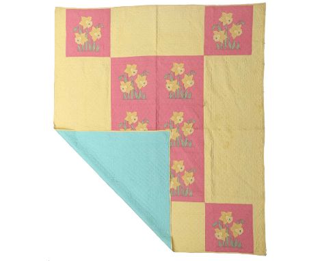 Circa 1935 Canadian Quilt Appliquéd and Embroidered with Daffodils, mounted on pink cotton panel to the centre and squares to