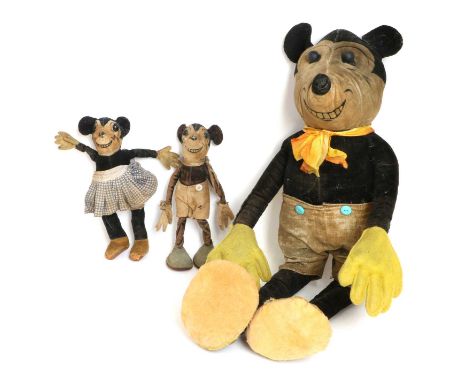 Circa 1930s Large Mickey Mouse Velveteen Figure, wearing shorts and boots, yellow felt hands, boot button eyes, registration 