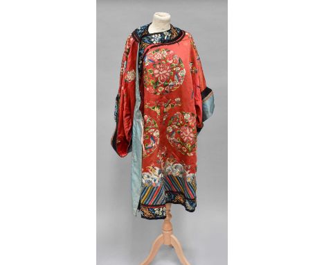 Early 20th Century Chinese Red Silk Robe, embroidered with large floral roundals to the front and back, amongst butterflies a