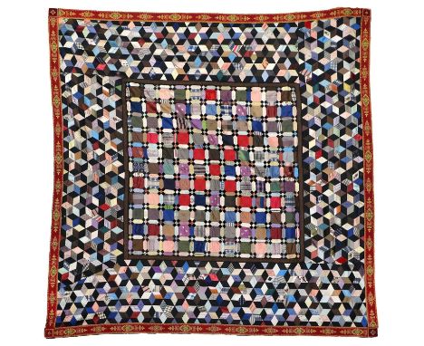 Circa 1885 North Country Medallion Silk Patchwork Quilt, incorporating silk and velvet patchworks, the central square panel o