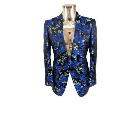 Circa 2014 Tom Ford Blue Floral Woven Silk Brocade Jacket with single-button fastening, three pockets, collar and lapels, bla