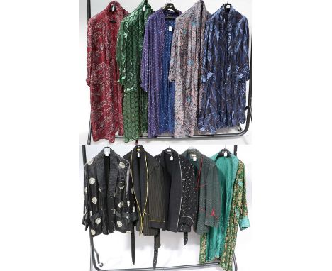 Gents Early 20th Century Dressing Gowns and Smoking Jackets, comprising a Harry Lee Hong Kong black silk jacket woven with si