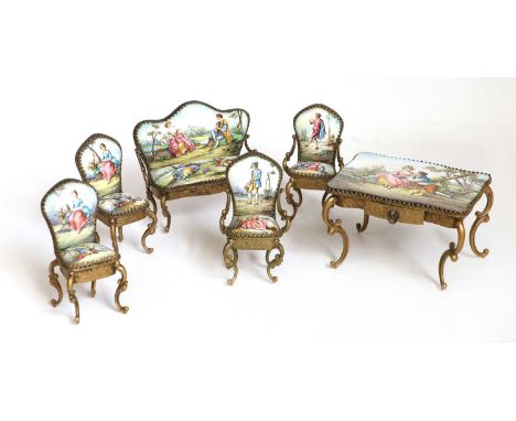 Early 20th Century Suite of Austrian Enamel Hand Painted Miniature Furniture, comprising settee, two armchairs, two side chai