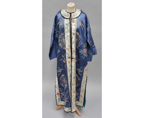 Early 20th Century Chinese Pale Blue Silk Robe, embroidered with butterflies, floral motifs and stylised birds within a greek