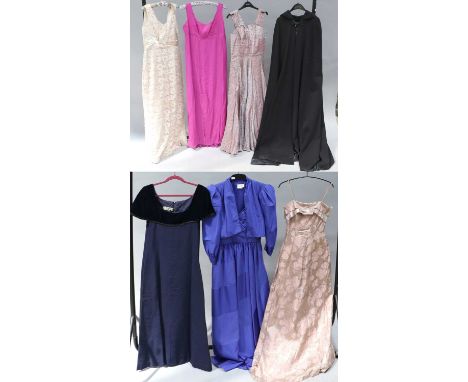 Circa 1960s and Later Ladies Evening Dresses comprising an Heiress pink and silver brocade sleeveless dress with a pleated bu